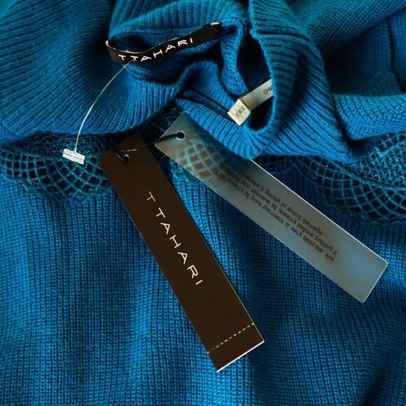 T Tahari Yolana Sleeveless Mock Neck Lace Trim Nautilus Blue Sweater NEW NWT M - Picture 4 of 4